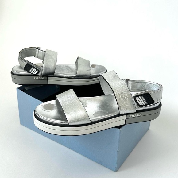 PRADA SPORTY METALLIC SILVER OPEN TOE SANDALS LUXURY PLATFORM SHOE 39, US 8.5 - Picture 2 of 12